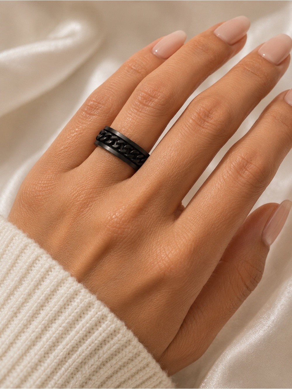 Black Stainless Steel Cuban Chain Spinner Ring Size 8 Anxiety Fidget Band Unisex